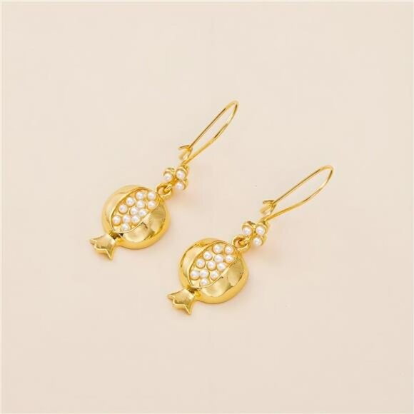 18K Gold Plated Pomegranate Design Drop Earrings – Cubic Zirconia Inlay - Picture 4 of 6
